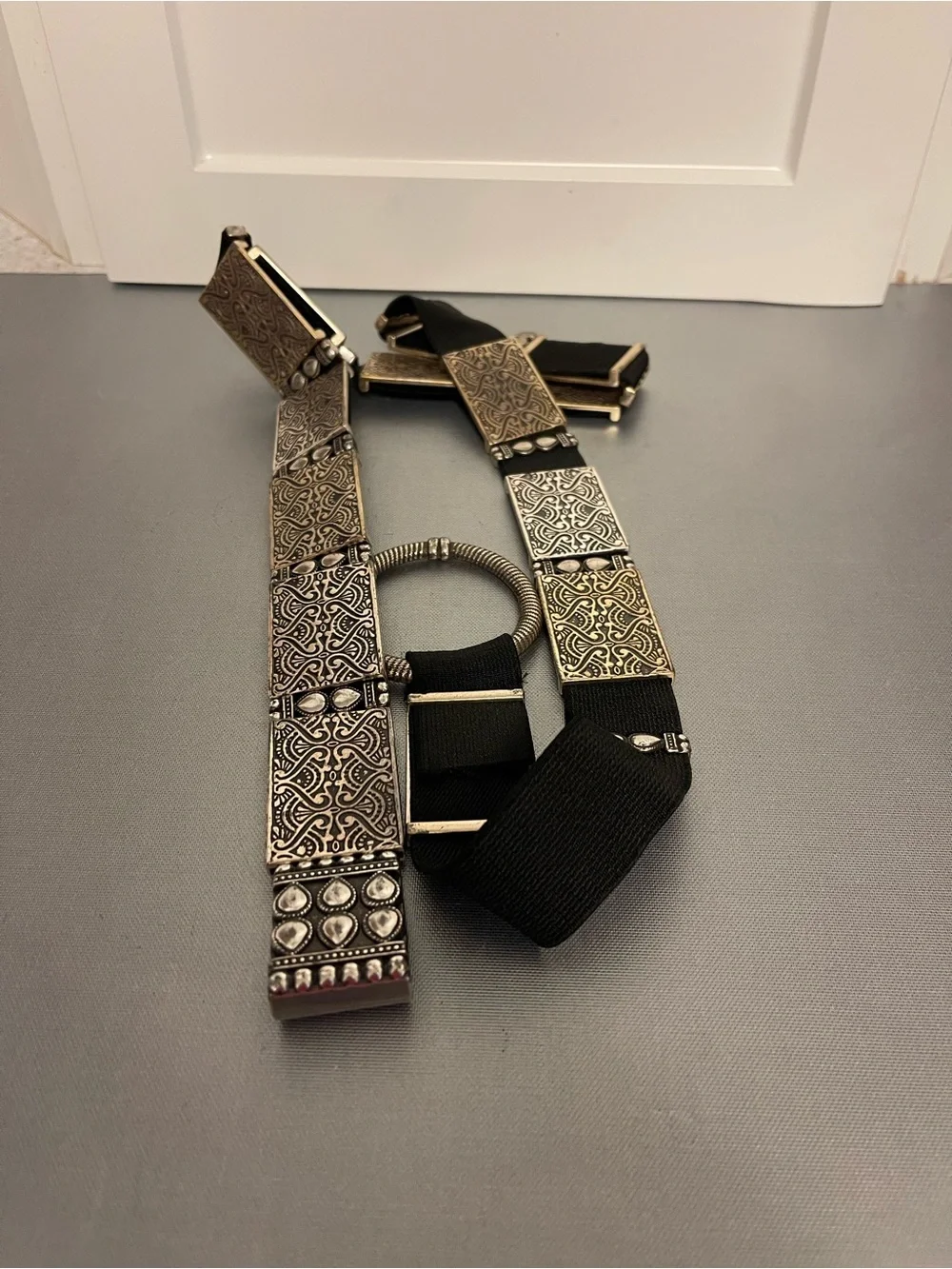 Chico’s Silver-Black Rectangular Metal Engraved Stretch Boho Belt 44”Adjustable